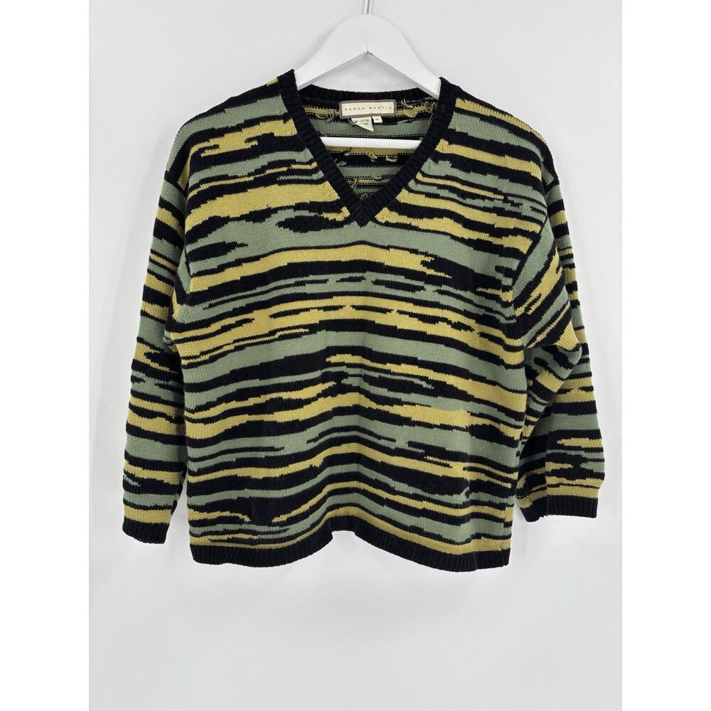 Susan Martin Vintage Sweater Womens Medium Green Black Striped Pullover Knit